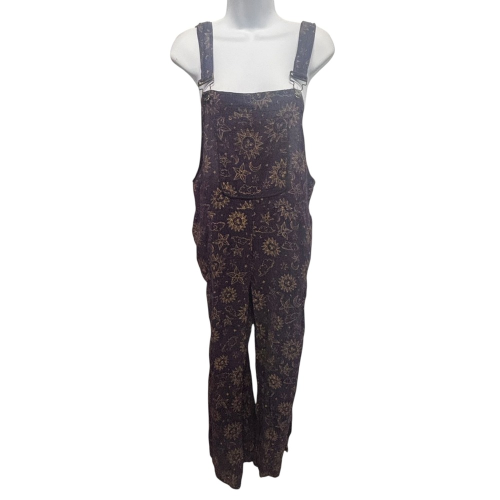 Karma Nepal Craft Purple Gold Celestial Sun Moon Star Cotton Overalls Womens